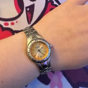 Fossil Silver Watch with Vibrant Orange Dial